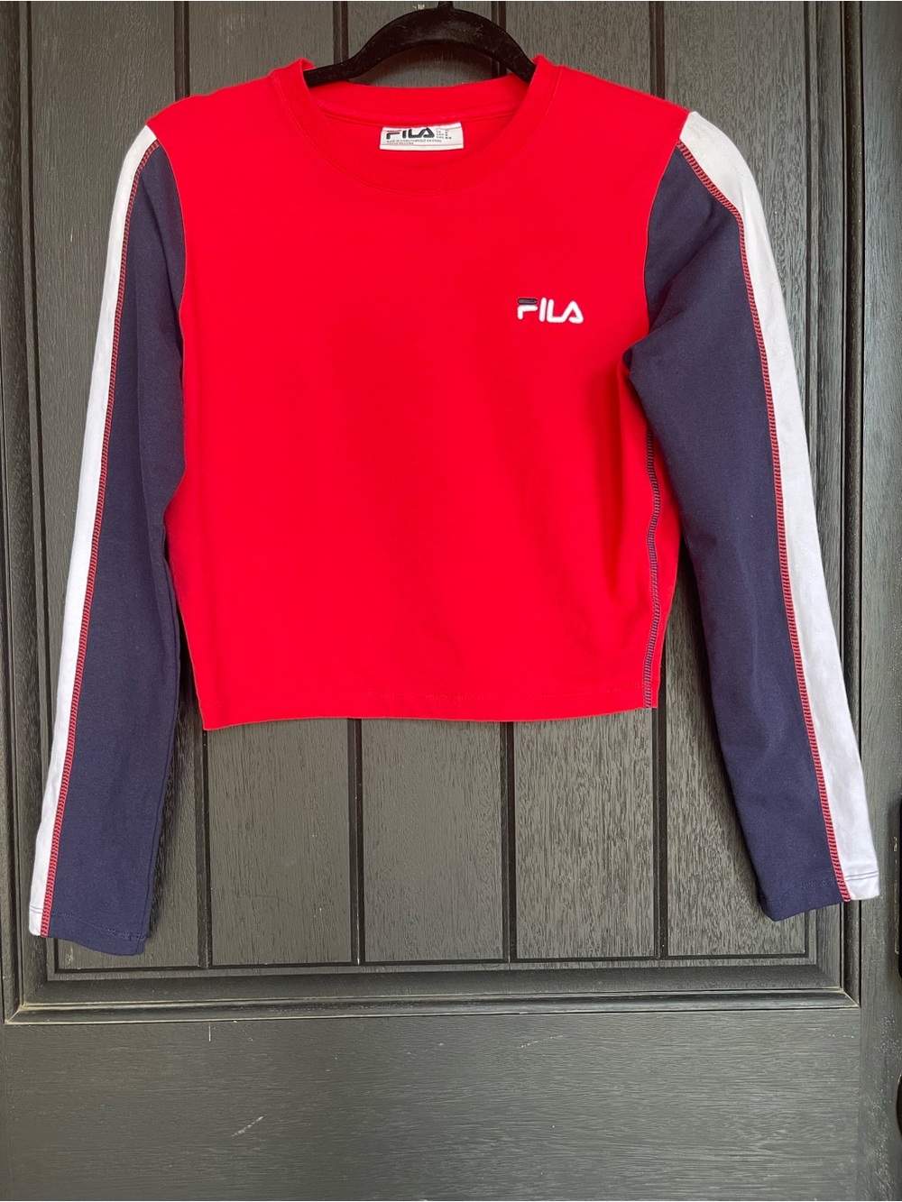 FILA Retro Colorblock Cropped Long Sleeve Top Red Navy White Size M